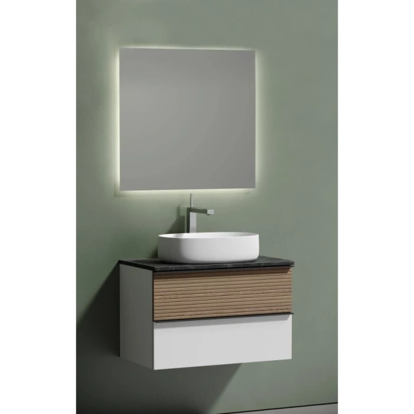 тумба с раковиной sancos delta dl80w + tt80a1x + cn5023 80 см, подвесная, со столешницей, светлый дуб/белый матовый