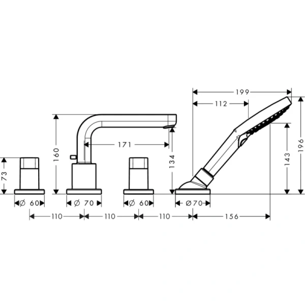 смеситель на борт ванны hansgrohe metris s 31446000