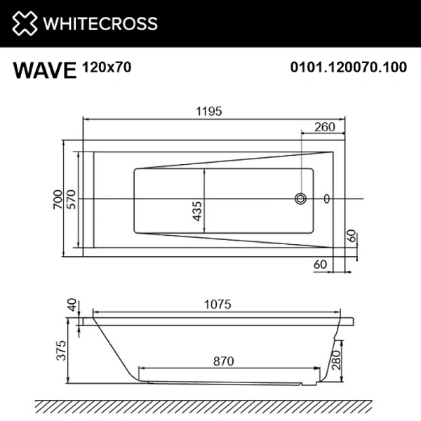 акриловая ванна whitecross wave 120x70 0101.120070.100 без гидромассажа акриловая ванна whitecross wave 120x70 0101.120070.100 без гидромассажа