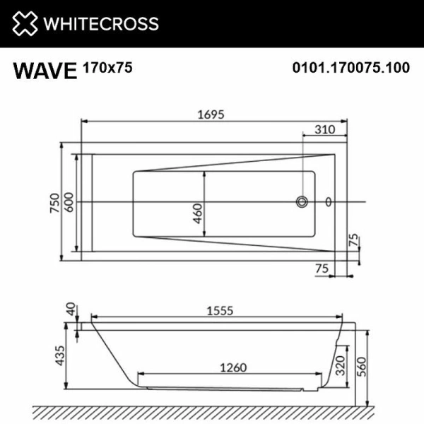 акриловая ванна whitecross wave 170x75 0101.170075.100 без гидромассажа акриловая ванна whitecross wave 170x75 0101.170075.100 без гидромассажа