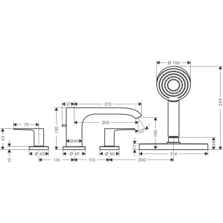 смеситель hansgrohe vivenis 75444700 на борт ванны, 4 отверстия, белый