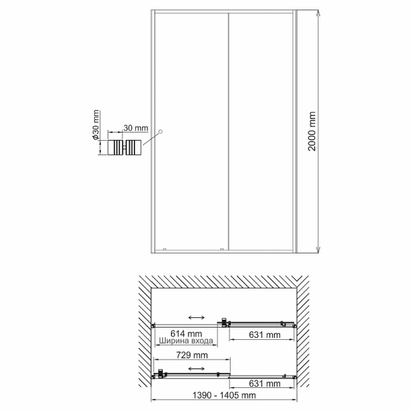 душевая дверь wasserkraft dill 140 61s31 профиль цвет черный матовый, стекло прозрачное