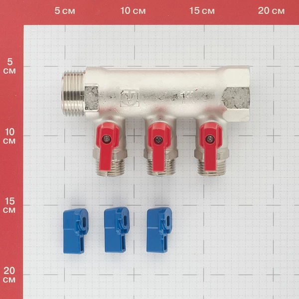 коллектор valtec 1 вр(г) х 3 выхода 1/2 нр(ш) х 1 нр(ш) с шаровыми кранами (vtc.580.n.0603)