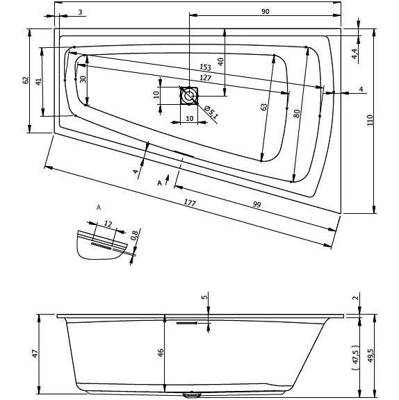 акриловая ванна riho still smart 170x110 b102001005 (br0400500000000) l без гидромассажа