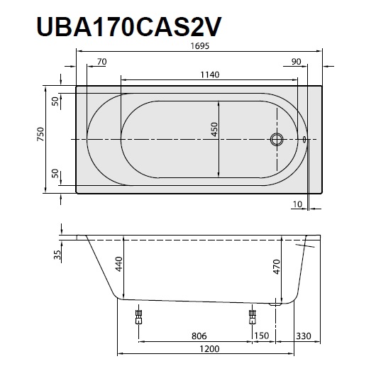 акриловая ванна villeroy & boch o.novo uba170cas2v-01 solo 170х75 см