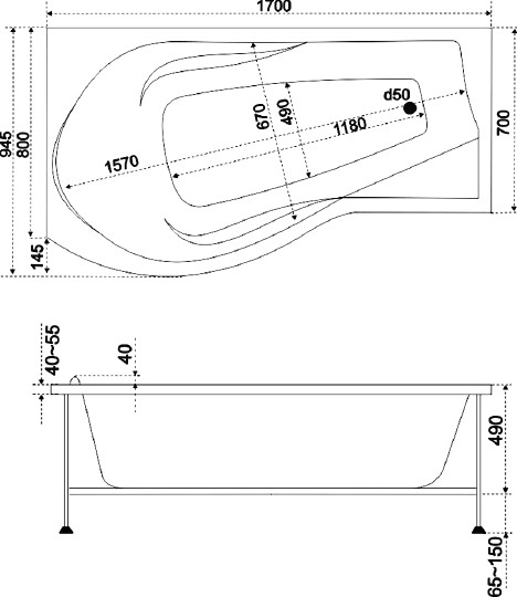 акриловая ванна bas капри 170x95 l без гидромассажа
