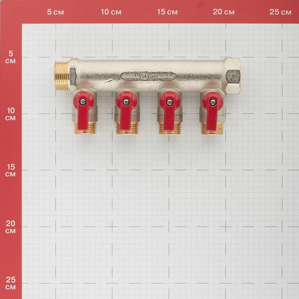 коллектор stout 3/4 вр(г) х 4 выхода 1/2 нр(ш) х 3/4 нр(ш) с шаровыми кранами (smb 6210 341204)