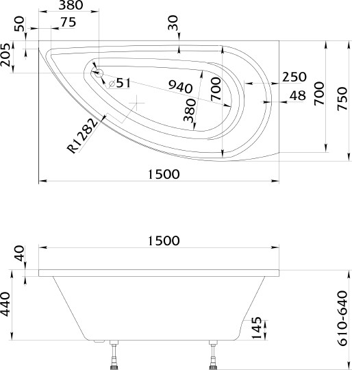 акриловая ванна 1marka piccolo 150x75 r, 01пк1770п / у10977 без гидромассажа