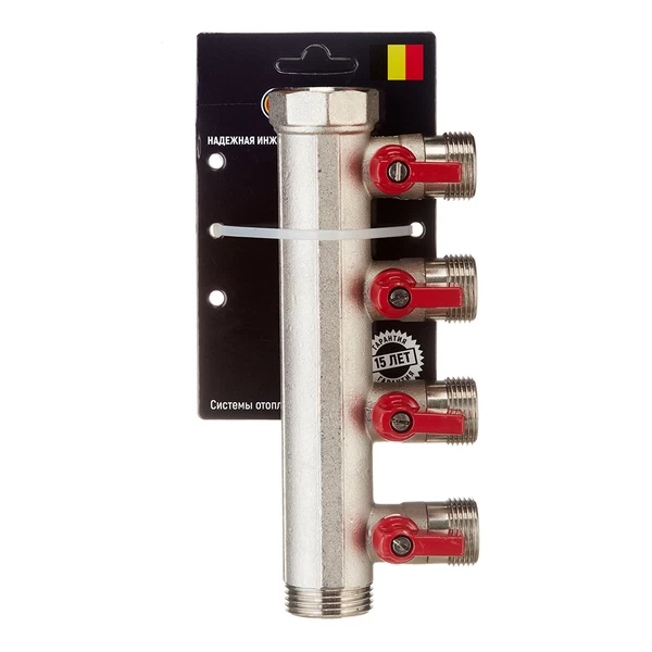 коллектор henco 1 вр(г) х 4 выхода 3/4 нр(ш) ек х 1 нр(ш) с шаровыми кранами, vb060504-rood