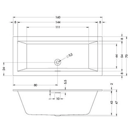 акриловая ванна riho rething cubic 160x70 см, заполнение через перелив, белая, br06c0500000000