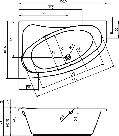 акриловая ванна riho lyra 153x100 b021001005 (ba6700500000000) r без гидромассажа