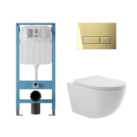 Комплект Aqueduto Ovo AQDS330T: инсталляция Tecnica Novo, кнопка Retangulo Novo - шлифованное золото, унитаз OVO Tornado слив Торнадо, сиденье с микролифтом, белый глянцевый