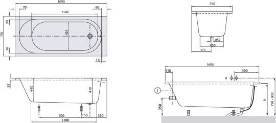 акриловая ванна villeroy & boch o.novo uba170cas2v-01 solo 170х75 см