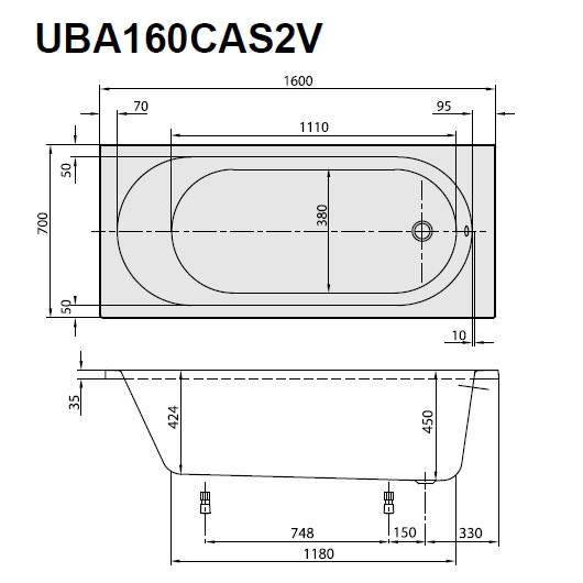 акриловая ванна villeroy & boch o.novo uba160cas2v-01 solo 160х70 см