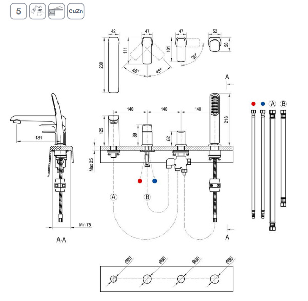 смеситель на борт ванны ravak flat fl 026.20 x070176 черный матовый