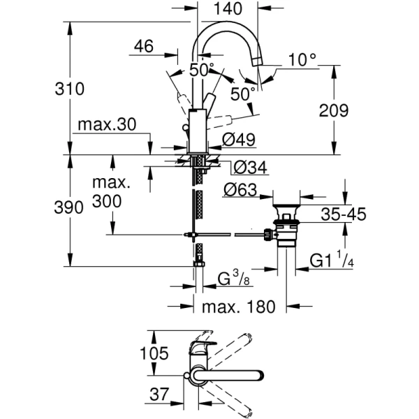 смеситель для раковины с донным клапаном grohe bauflow 23753000