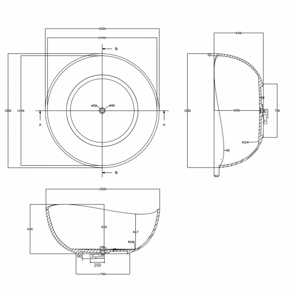 ванна из полиэфирной смолы abber kristall at9705opal 150x150 см, отдельностоящая, коричневый