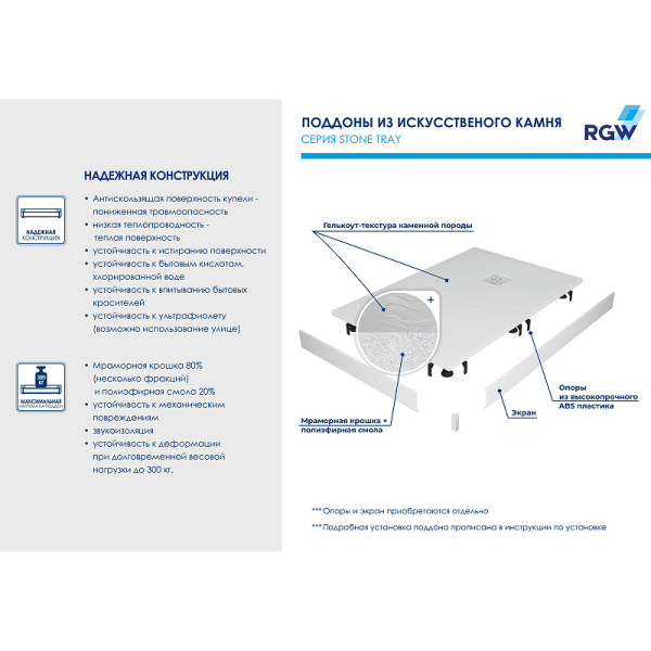 душевой поддон из искусственного камня rgw st/ar-w 120х80 см, 16154128-01r белый