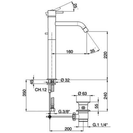 смеситель для раковины с донным клапаном cisal less minimal lm00152021