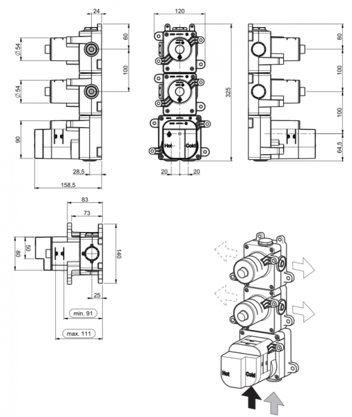 скрытая часть смесителя almar e176002 на 2 потребителя, 2 вентиля