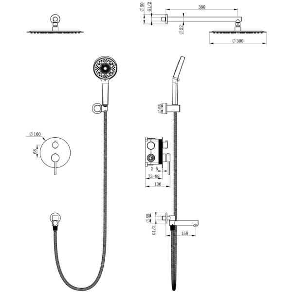 душевой комплект wonzon & woghand stick ww-88939017-mb 300 мм, со смесителем, черный матовый