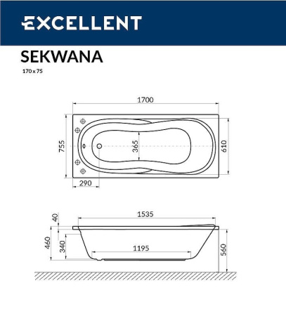 акриловая ванна excellent sekwana 170x75 "relax" цвет золото