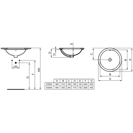 раковина встраиваемая 48 см ideal standard connect e505401