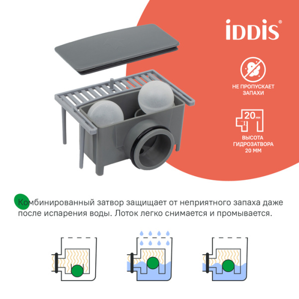 лоток душевой iddis 975a6sb10dz комбинированный затвор, перфорированная решетка, 600 мм, хром