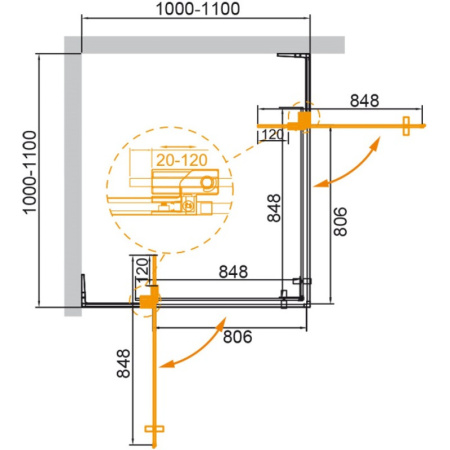 душевой уголок 100-110x100-110 cezares slider-a-2-100/110-grigio-nero серое