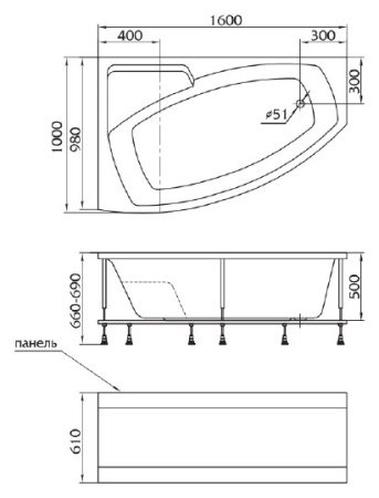 акриловая ванна 1marka assol 160х100 l, 01асс1610л / у22737 без гидромассажа