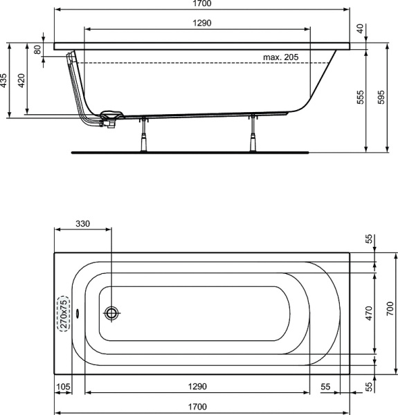 акриловая ванна ideal standard simplicity w004401 170x70 см