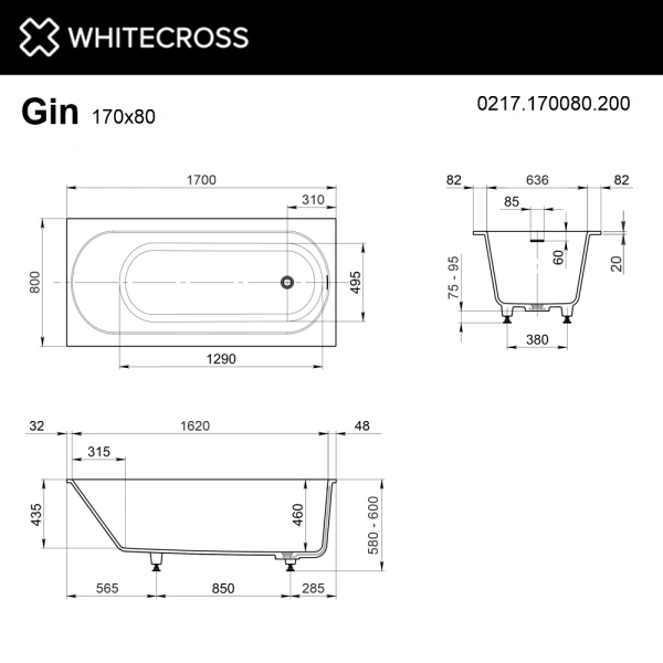 ванна whitecross gin 0217.170080.200 встраиваемая, с регулируемыми ножками и сифоном, композит, 170x80 см, белая матовая