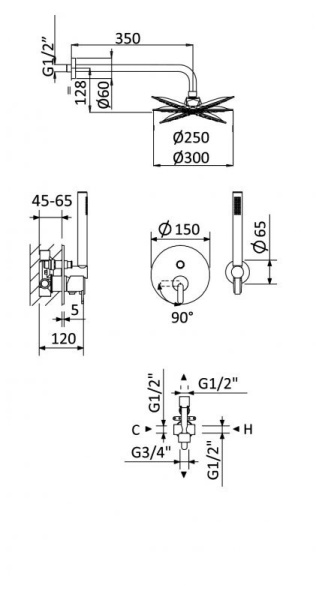 душевая система cezares leaf-dsip-30-l-01 с переключателем для верхнего и ручного душа, цвет хром