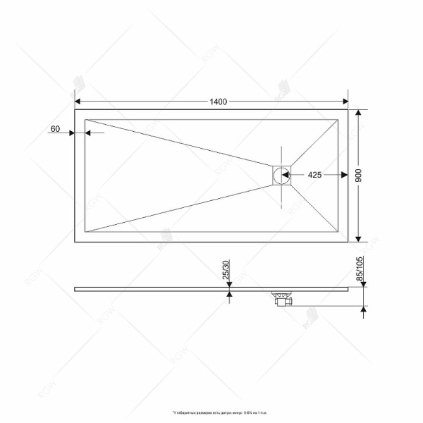 душевой поддон из искусственного камня rgw stt st-0149g 90x140x2,5 серый