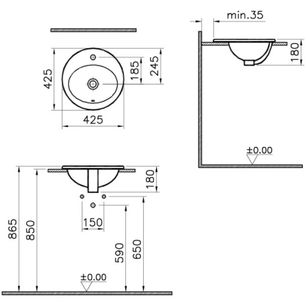 раковина встраиваемая vitra s20 43см 5466b003-0001, цвет белый