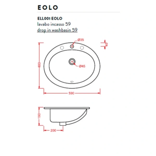 раковина встраиваемая 59 см artceram eolo ell001 01 00