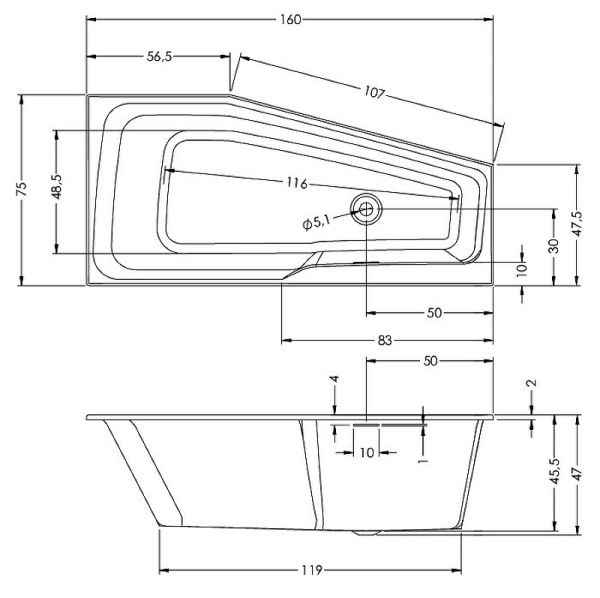 акриловая ванна riho rething space 160х75 l b112001005 (br1400500000000) без гидромассажа