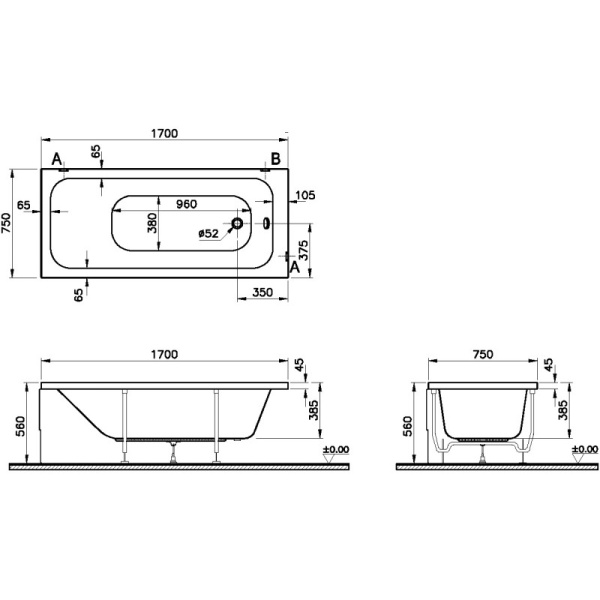 акриловая ванна vitra optimum neo 170x75 64570001000 без гидромассажа