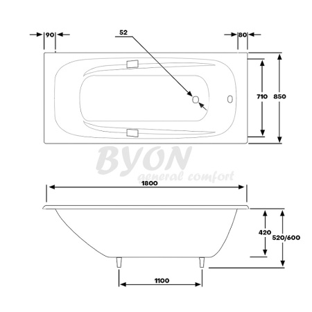 чугунная ванна byon ide 180x85 н0000369 с антискользящим покрытием