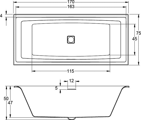 акриловая ванна riho still square 170x75 led l b100034005, заполнение через перелив