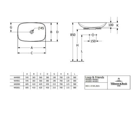 раковина villeroy & boch loop & friends 4a4901i4 накладная, 56x38 см, graphite c ceramicplus