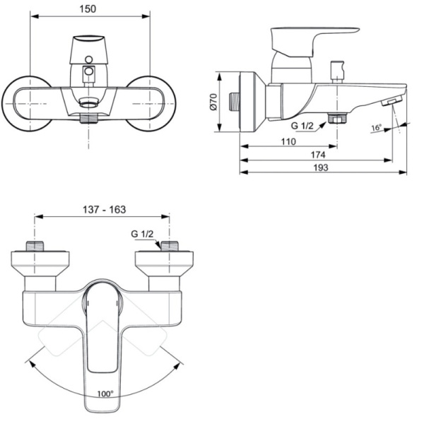 смеситель для ванны ideal standard connect air a7033aa