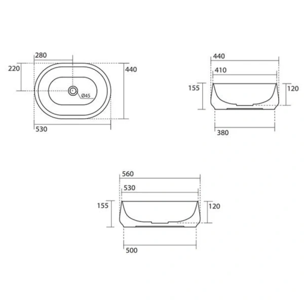 раковина kerasan f10 460531 накладная, 56x44 см, черный матовый