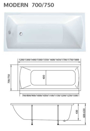 акриловая ванна 1marka modern 180x70 01мод1870 / у91314 прямоугольная, цвет белый