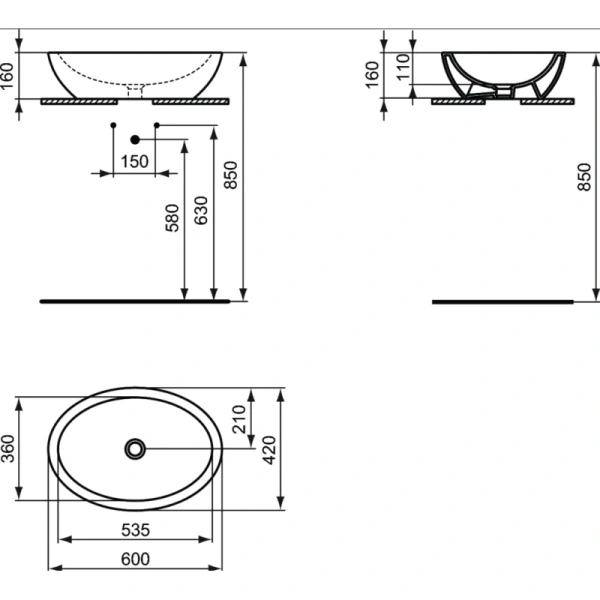 раковина накладная 60 см ideal standard strada k078401