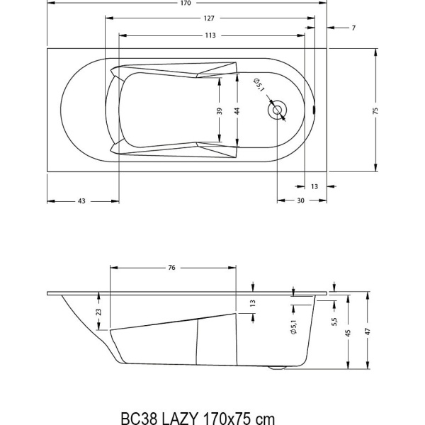 акриловая ванна riho lazy 170х75 b078001005 (bc3800500000000) без гидромассажа