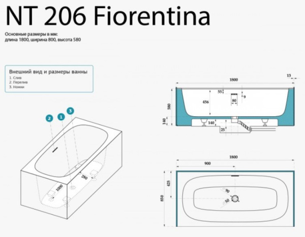 ванна из искусственного камня nt bagno fiorentina nt206, 180х80 см