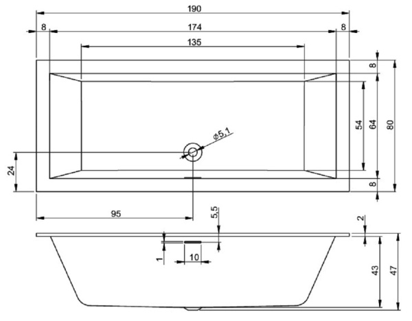 акриловая ванна riho rething cubic 190x80 см, заполнение через перелив, белая глянцевая, br10c0500000000