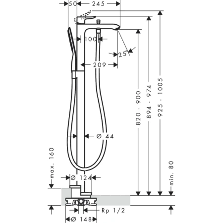 смеситель напольный для ванны hansgrohe metris 31471000