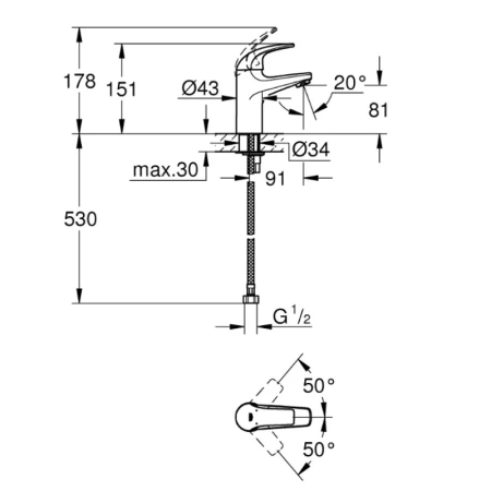 смеситель для раковины без донного клапана grohe baucurve 32848000